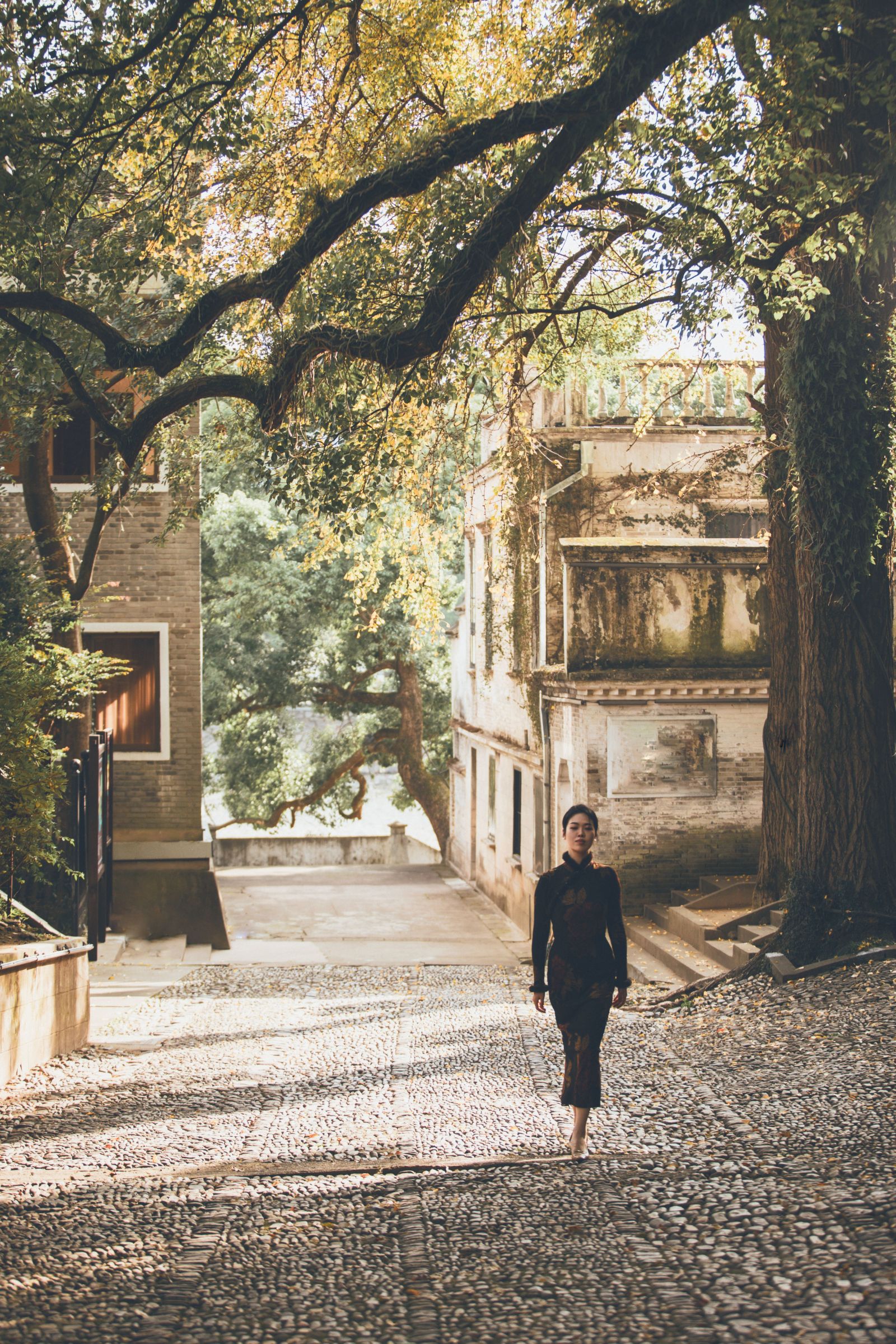 A woman walking along a tree-lined cobbled lane